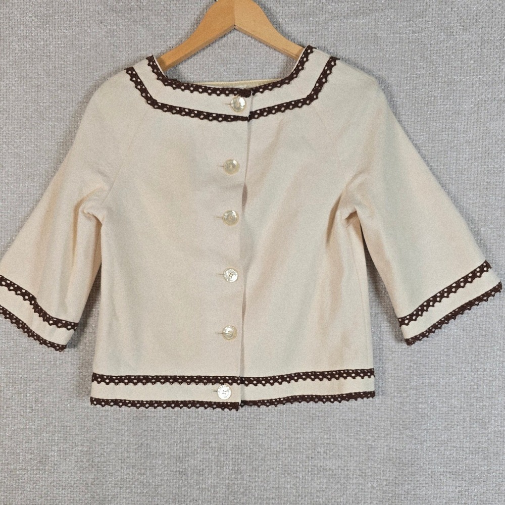 Vintage Country Set Cream Wool Blend Jacket Brown Crochet Trim Size 5 Mod‎ 60s